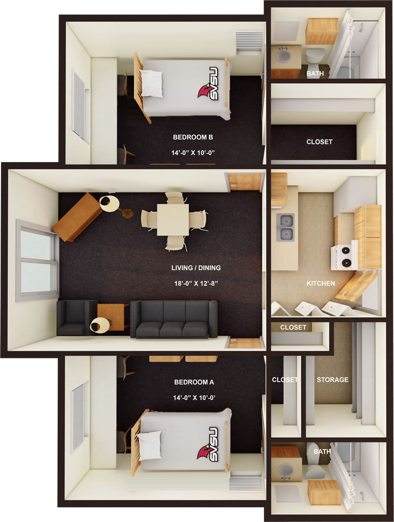 Pine Grove Shared Apartment Option 1 3D Floor Plan in color